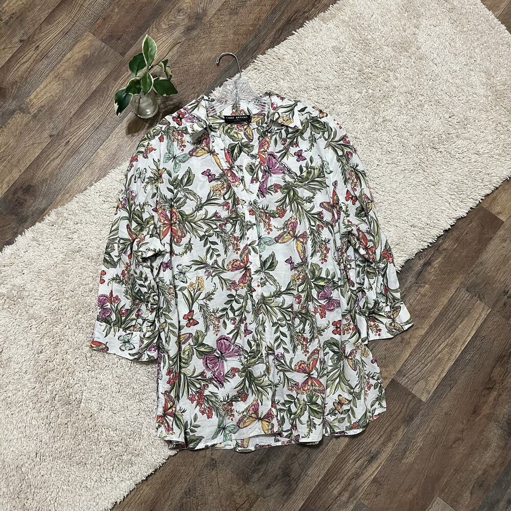 Lane Bryant Size 18 White Floral Butterfly 100% Cotton 3/4 Sleeve Top